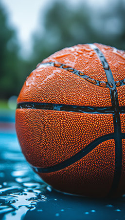 Dramatic Close-Up of a Wet Basketball with Water Droplets, Capturing the Essence of Sport and Actionの素材