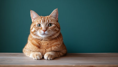 Charming Ginger Tabby Cat Posing Calmly on Wooden Table, Beautiful Close-Up Portrait Image Capturedの素材