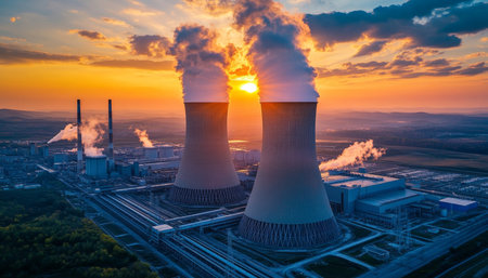 Stunning Sunset Over a Modern Nuclear Power Plant, Representing the Future of Clean Energy Solutionsの素材