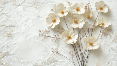 Elegant Still Life Composition Featuring White Flowers with Gold Accents on a Textured Backgroundの素材