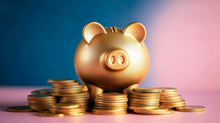 Golden Piggy Bank Surrounded by Stacked Coins Symbolizing Financial Growth and Savings Strategy.の素材