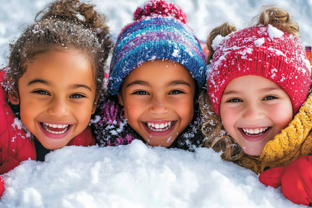 Joyful Multiethnic Children Enjoying Winter Fun with Snowball Fights and Making Snow Angels Outdoorsの素材
