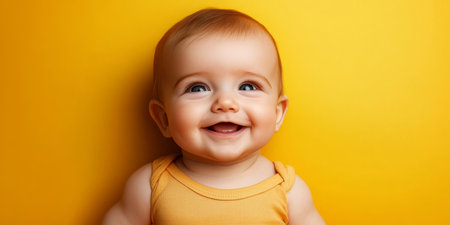 Adorable Baby Smiling Upwards with Joyful Expression Against a Bright Yellow Backgroundの素材