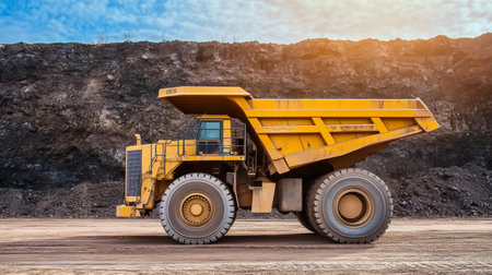 Large mining dump truck transporting mineral ore and heavy materials for construction projects.の素材