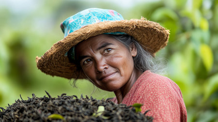 Experienced Female Manual Worker Harvesting Freshly Picked Tea Leaves in a Lush Plantation Fieldの素材