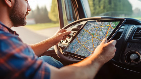 Truck Driver Using GPS Navigation on Tablet to Effectively Navigate Long-Distance Routesの素材