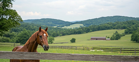 Elegant Morgan Horse Looks Intently Over Rural Paddock Fence, Revealing Scenic Countryside View.の素材