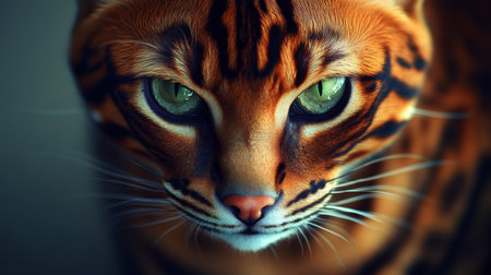 Charming Ocicat Close Up with Striking Green Eyes Against a Soft Gray Background, Captivating Felineの素材