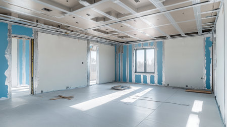 Interior Finishing Stage of Building Renovation Drywall Installation for Home Improvement Projectsの素材