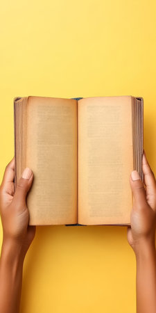 Antique Book in Hands with Old Pages, Open Blank Textbook Held Open for Personal Message Creationの素材