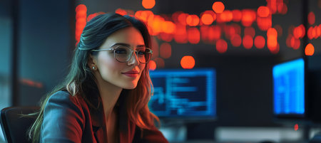 Attractive adult woman in glasses analyzing data and financial insights in a modern office setting.の素材