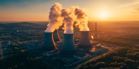Stunning sunset view of a nuclear power plant with cooling towers emitting steam in the foregroundの素材