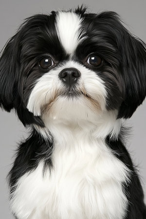 Charming Shih Tzu with Expressive Eyes and Adorable Demeanor Captured in Stunning Detail, Gray BGの素材