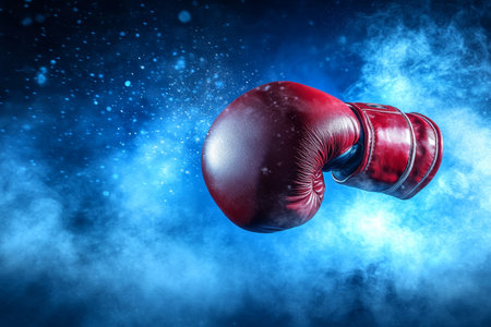 Dynamic Red Boxing Glove Floating in a Smoky, Energetic Atmosphere for Vintage Fight Event Conceptの素材