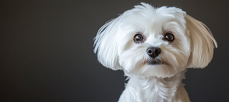 Charming Maltese Dog with Fluffy White Fur and Adorable Expression Posing Against Gray Backgroundの素材