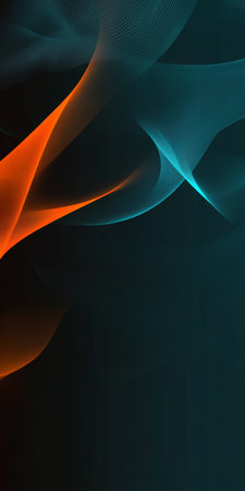 Abstract black background with vibrant neon orange and cyan swooshes for modern design.の素材