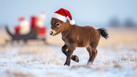Cheerful festive colt in a tiny Santa hat prancing across a snowy meadow with a distant sleigh.の素材