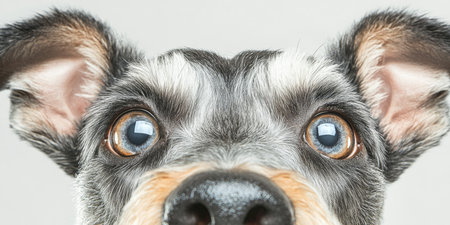 Charming Miniature Schnauzer with Expressive Eyes Poses Elegantly Against a Soft Gray Backdropの素材
