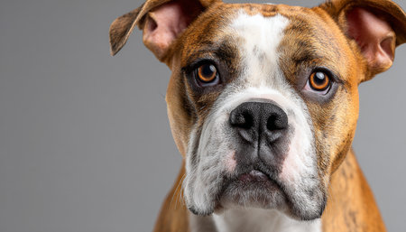 Charming Bulldog Portrait Adorable Dog with Expressive Eyes on a Clean Gray Background, Studio Shotの素材
