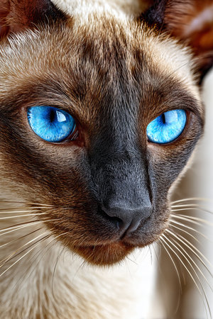 Sleek and Graceful Siamese Cat with Striking Blue Eyes Posing in a Bright, Clean Indoor Spaceの素材