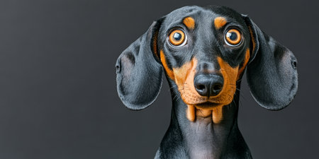 Adorable Close Up of a Sweet and Expressive Dachshund Puppy with an Innocent Demeanor on Grayの素材