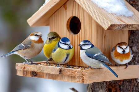 Winter Bird Feeder Welcoming a Variety of Beautiful Bird Species Gathering for a Feast in Natureの素材