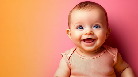 A Blissful Toddler Gazes in Wonder Amidst Vibrant Studio Lights and Colorful Background Sceneの素材