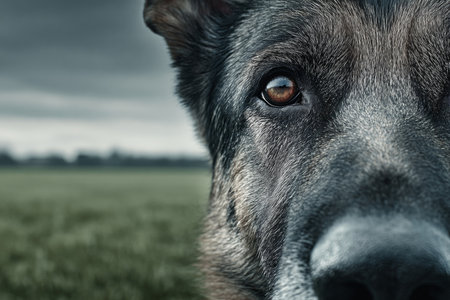 Majestic German Shepherd Portrait with Intense Gaze and Charming Canine Presence in a Fieldの素材