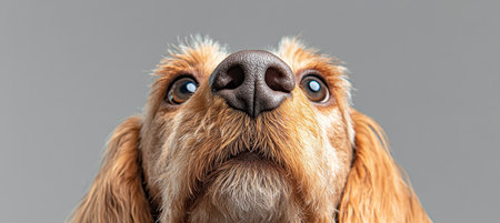 Charming Cocker Spaniel with Curious Expression and Adorable Demeanor on Gray Background, Looking Upの素材