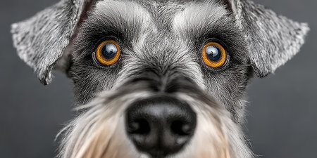 Charming Miniature Schnauzer with Golden Eyes Posed Elegantly Against Soft Gray Backgroundの素材