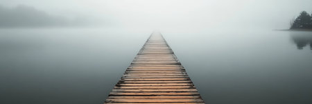 Long Wooden Dock Extending into a Tranquil Misty Lake with Fog, Creating a Serene Morning Atmosphereの素材