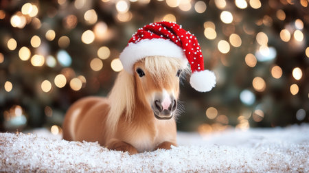 Adorable Festive Chestnut Miniature Horse Snuggled Up in Cozy Christmas Scene with Bokeh Lightsの素材