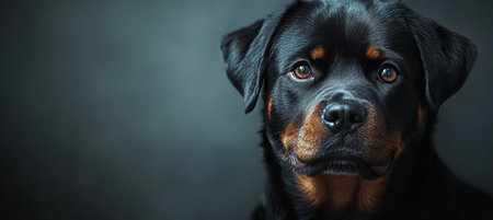 Majestic Rottweiler with Intense Gaze and Charming Posture Against a Clean Gray Backdropの素材