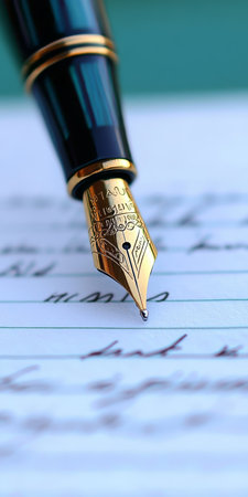 Elegant fountain pen writing heartfelt letters on vintage paper, evoking classic charm.の素材