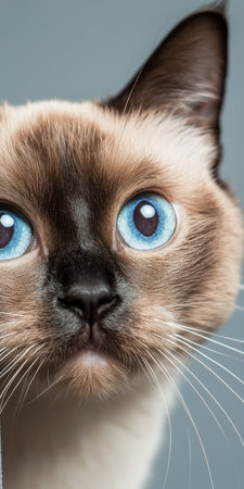 Closeup of a Beautiful Chocolate Point Siamese Cat with Striking Blue Eyes and Elegant Expressionの素材