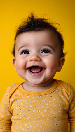 Joyful and Happy Baby s Face with a Bright Smile on a Vibrant Yellow Background, Pure Happinessの素材