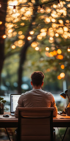 Dedicated professional working late hours in a dimly lit workspace, passionately creating success.の素材