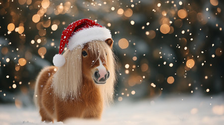 Charming Christmas Spirit A Miniature Pony Wearing a Santa Hat Amid Ethereal Bokeh Lightsの素材