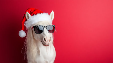 Playful Horse Dressed in Santa Hat and Sunglasses, Spreading Holiday Cheer in Festive Red Backgroundの素材