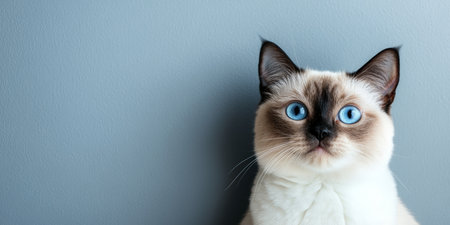 Close-Up Portrait of a Balinese Cat with Captivating Expressive Eyes Against a Soft Gray Backgroundの素材