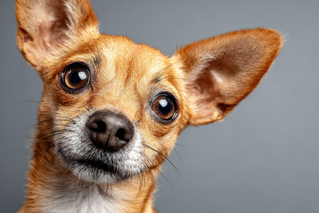 Adorable Little Brown Chihuahua Puppy with Expressive Eyes Captures Hearts Against a Grey Backgroundの素材