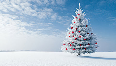 Beautiful snowy Christmas scene featuring a frosted tree with red ornaments under a blue sky.の素材