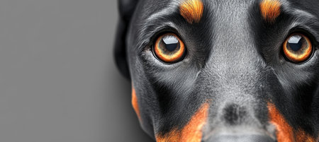 Intense Canine Portrait of a Doberman Pinscher with Focus on its Captivating Eye and Soulful Gazeの素材