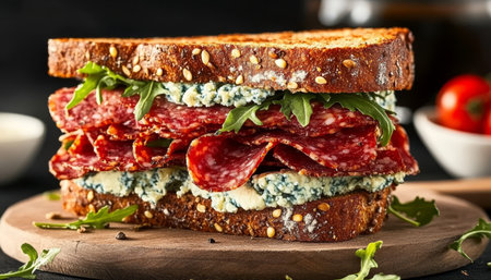 Gourmet Salami Sandwich with Blue Cheese, Arugula, and Multigrain Bread on Rustic Wooden Boardの素材