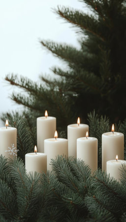 Elegant Arrangement of Ivory Candles Surrounded by Lush Green Fir Branches for Festive Decorの素材