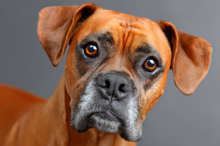 Charming Portrait of a Boxer Dog with Captivating Eyes and Playful Expression on Gray Backgroundの素材