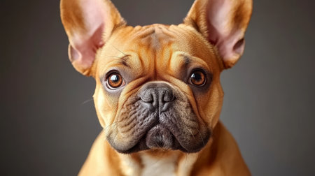 Charming Light Brown French Bulldog Enthralls with Playful Attitude in a Calm Gray Scene of Joyの素材
