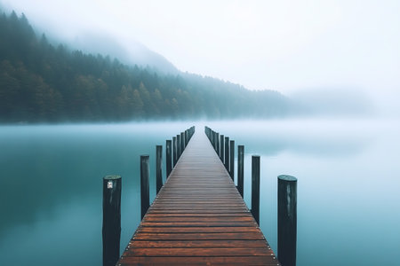 Serene Wooden Pier Stretching Over a Calm Lake Surrounded by Morning Fog and Nature s Beautyの素材