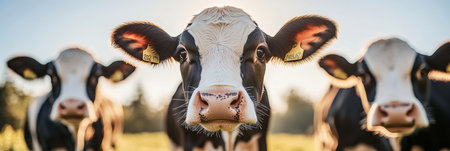 Curious Black and White Dairy Cows Grazing in a Sunny Meadow with Scenic Farm Background Viewsの素材