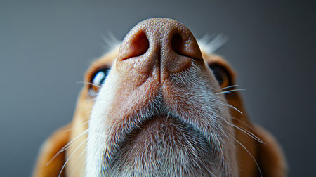 Close Up of Beagle Nose and Charming Demeanor Showcasing Soft Gray Background with High Detail Eyesの素材